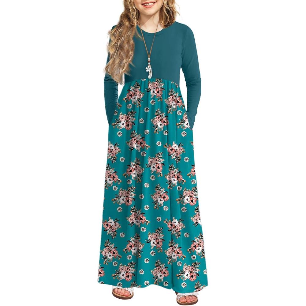 image:imageArshiner Girls Maxi Dress LongShort Sleeve Casual Holiday Dress with Pockets for 513 YearsLong Sleeve Blue Floral