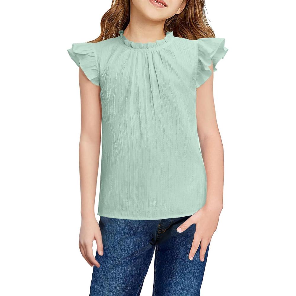 image:imageArshiner Girls Ruffle Short Sleeve Shirts Cute Summer Frill Neck Pleated Textured Blouse TopsLight Green