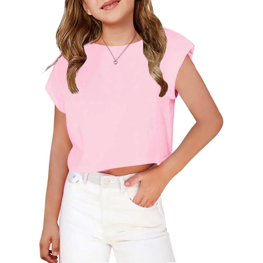 image:imageArshiner Girls Shirt Crop Tops Short Sleeve Summer Drop Shoulder Batwing Sleeve Crewneck Loose T Shirt TeePink