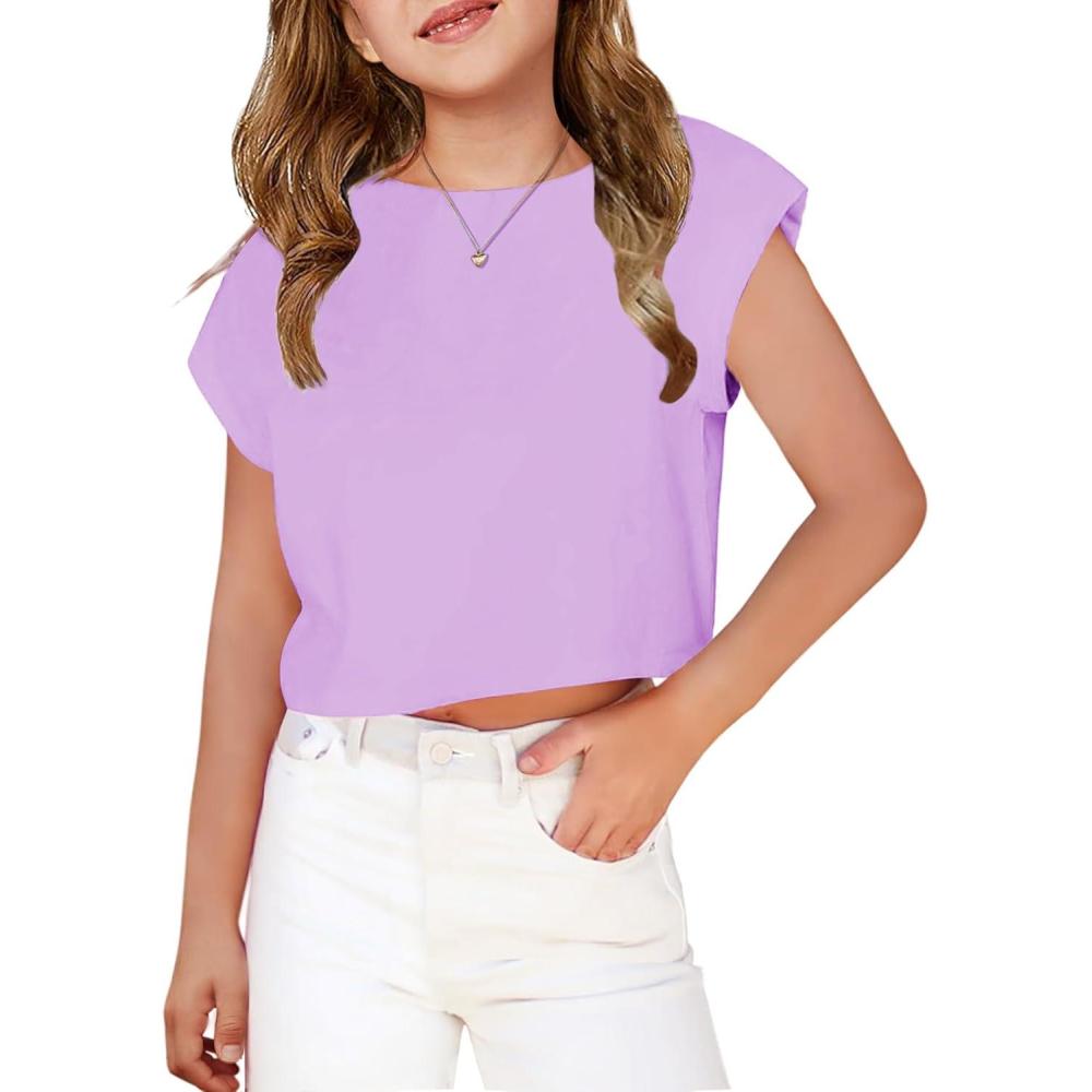 image:imageArshiner Girls Shirt Crop Tops Short Sleeve Summer Drop Shoulder Batwing Sleeve Crewneck Loose T Shirt TeePurple