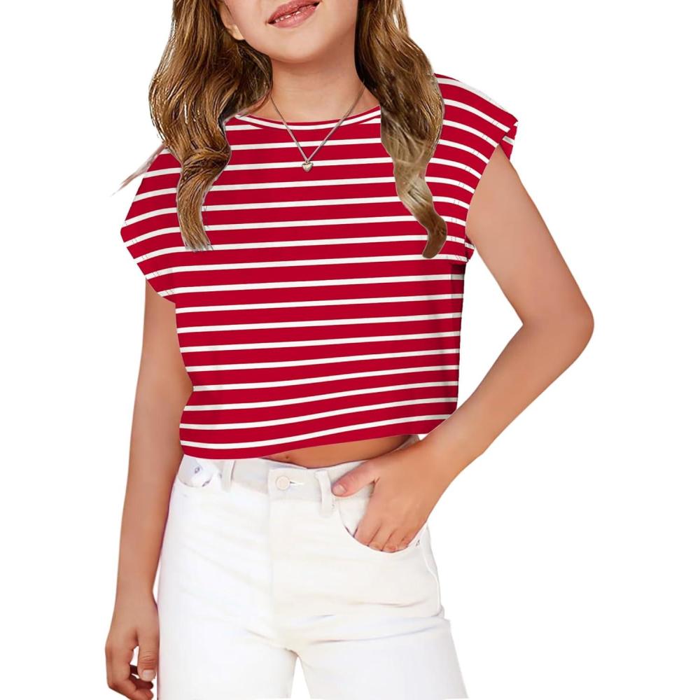 image:imageArshiner Girls Shirt Crop Tops Short Sleeve Summer Drop Shoulder Batwing Sleeve Crewneck Loose T Shirt TeeRed Stripe