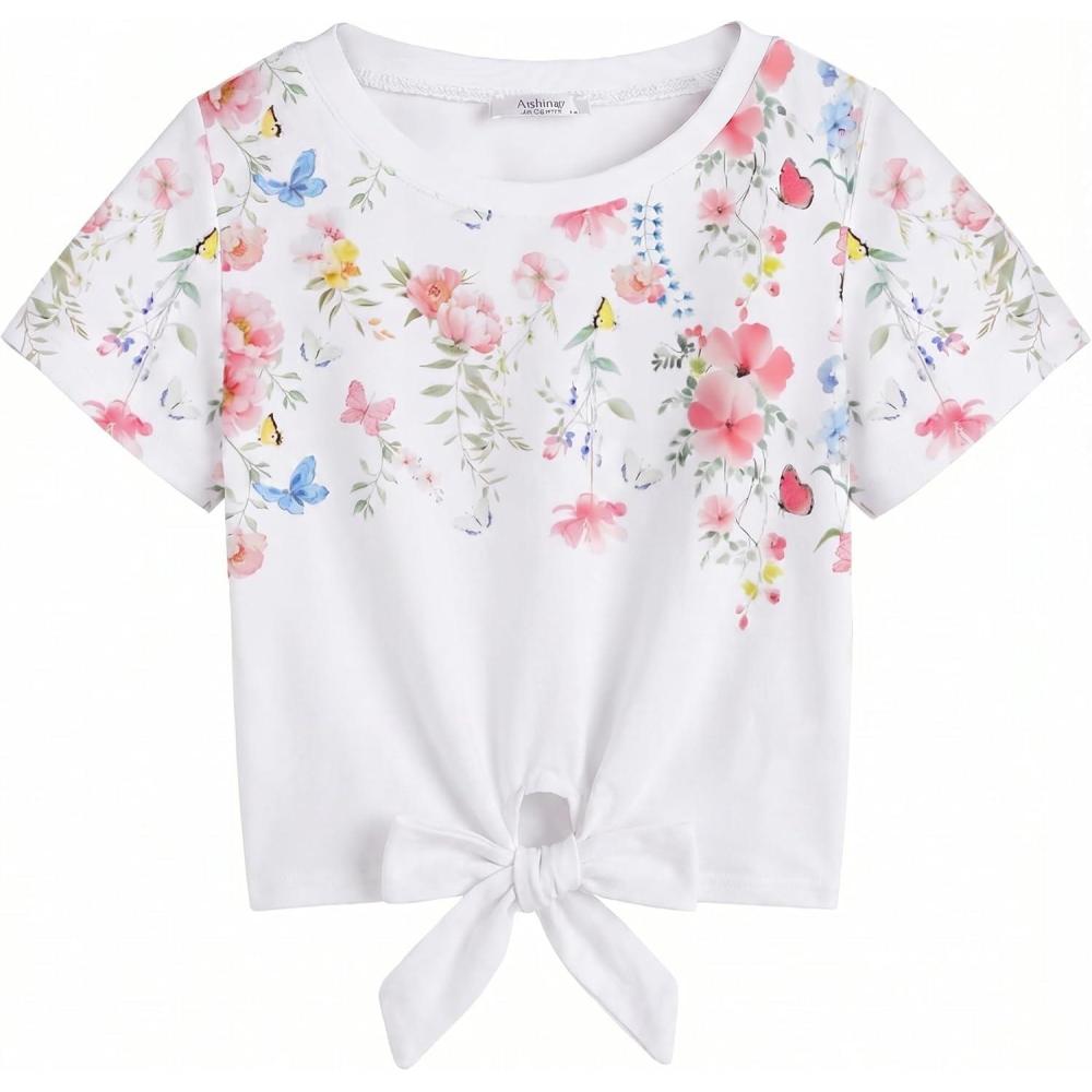 image:imageArshiner Girls Short Sleeve Shirts Tie Knot Front Tops T Shirts for Kids Crewneck Cute Casual Tie Dye Tee BlouseFlowers