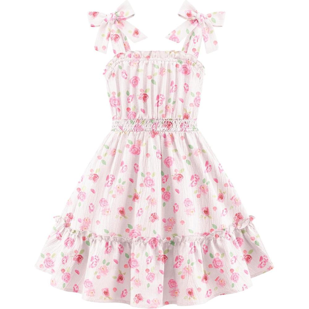 image:imageArshiner Girls Summer Dress BowTie Straps Sleeveless Flowy Ruffle Trim Boho Beach Casual SundressPink Floral