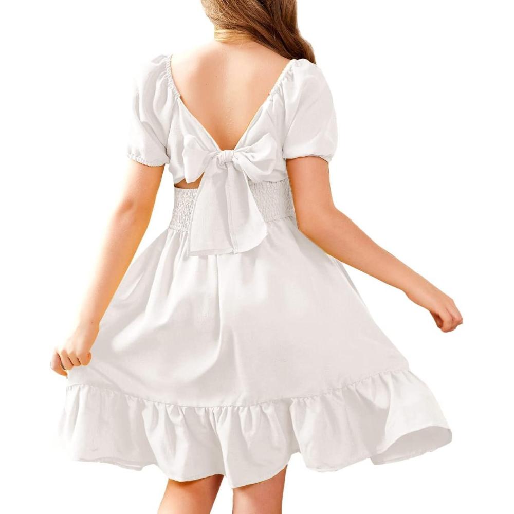 image:imageArshiner Girls Tie Back Short Sleeve Ruffle Hem Off Shoulder Casual Elegant DressesAwhite