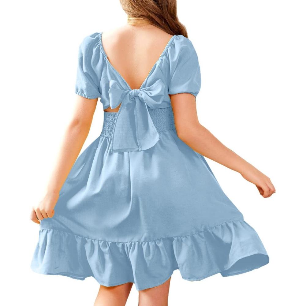 image:imageArshiner Girls Tie Back Short Sleeve Ruffle Hem Off Shoulder Casual Elegant DressesClear Blue