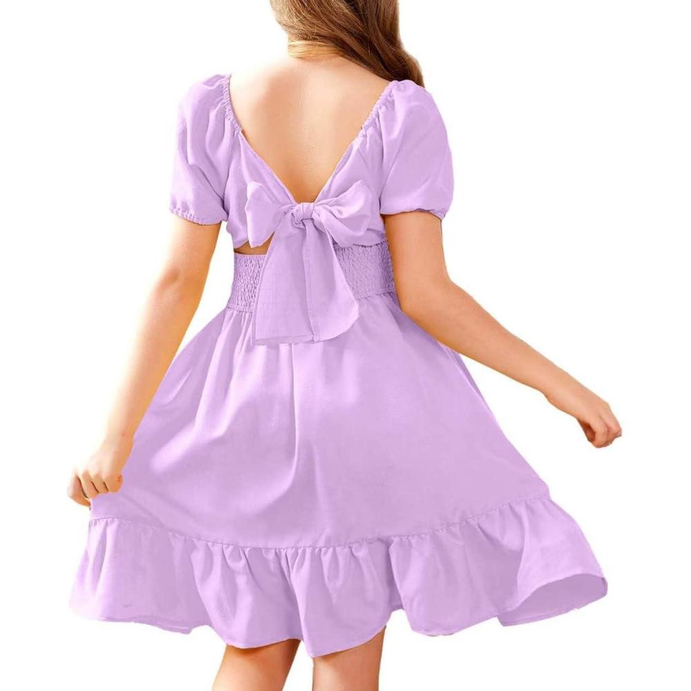 image:imageArshiner Girls Tie Back Short Sleeve Ruffle Hem Off Shoulder Casual Elegant DressesLilac