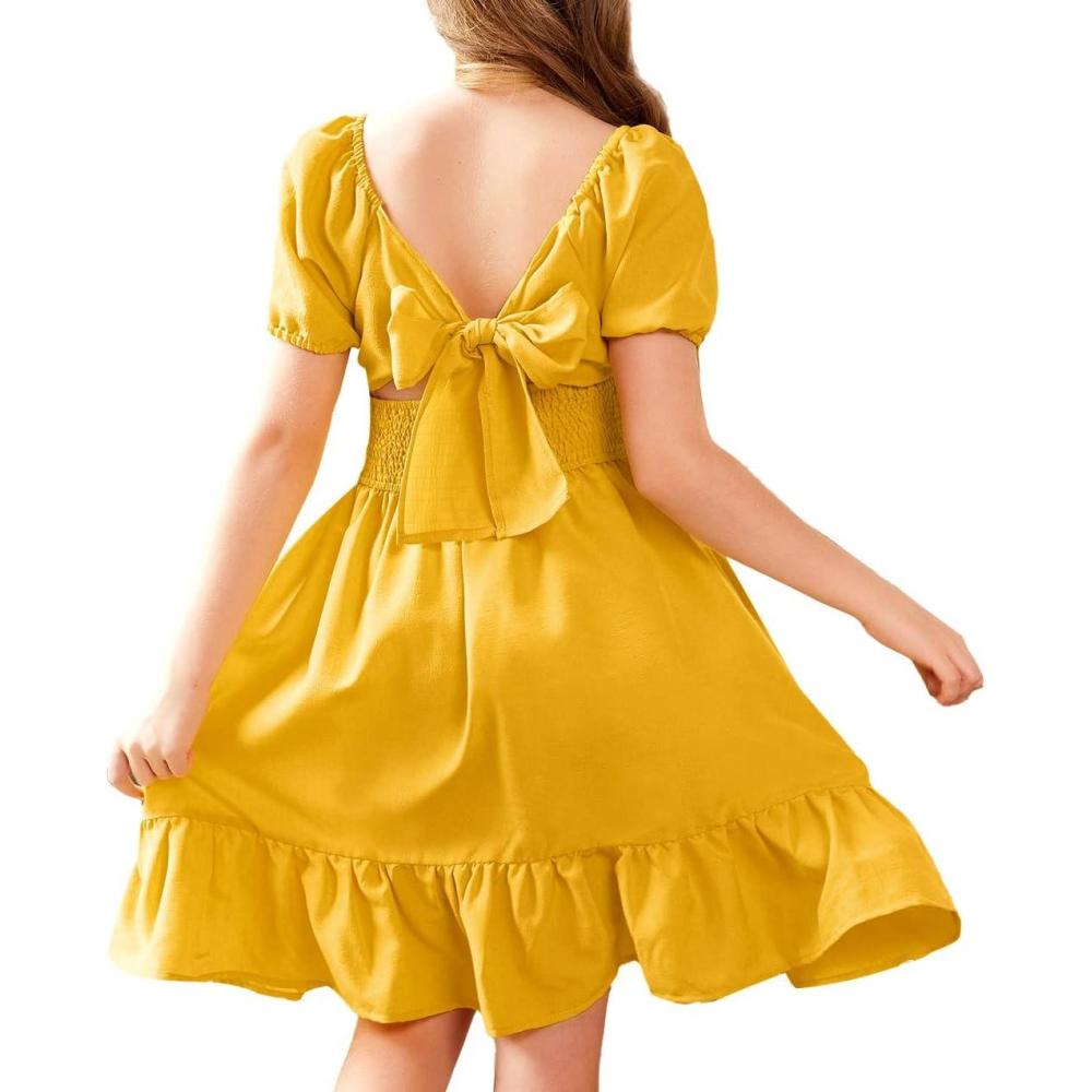 image:imageArshiner Girls Tie Back Short Sleeve Ruffle Hem Off Shoulder Casual Elegant DressesYellow