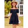 Arshiner Girls Tie Back Short Sleeve Ruffle Hem Off Shoulder Casual Elegant Dresses(B-navy Blue)