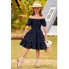Arshiner Girls Tie Back Short Sleeve Ruffle Hem Off Shoulder Casual Elegant Dresses(B-navy Blue)