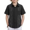 Arshiner Boys Guayabera Shirt Short Sleeve Cotton Linen Button Down Shirt Summer Beach Tops with One Pocket(Black)