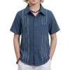 Arshiner Boys Guayabera Shirt Short Sleeve Cotton Linen Button Down Shirt Summer Beach Tops with One Pocket(Navy Blue -B)
