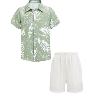 Arshiner Boys 2 Piece Outfits Hawaiian Shorts Sets Button Down Shirt and Shorts Summer Beach Clothes for 2-12 Years(Green & White – Leaf Print)