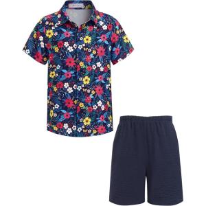Arshiner Boys 2 Piece Outfits Hawaiian Shorts Sets Button Down Shirt and Shorts Summer Beach Clothes for 2-12 Years(Navy Blue – Floral)