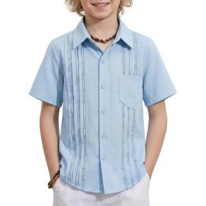 Arshiner Boys Guayabera Shirt Short Sleeve Cotton Linen Button Down Shirt Summer Beach Tops with One Pocket(Light Blue-b)