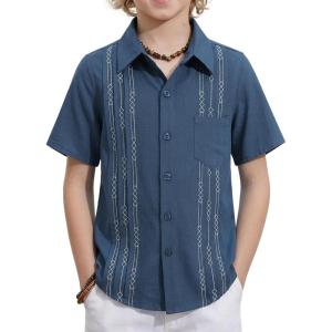 Arshiner Boys Guayabera Shirt Short Sleeve Cotton Linen Button Down Shirt Summer Beach Tops with One Pocket(Navy Blue -B)