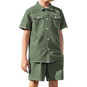 Arshiner Boys’ Woven Shorts Set Academic Style Button Down Shirt and Denim Shorts Outfits Casual yet Dressy Clothes(Army Green)