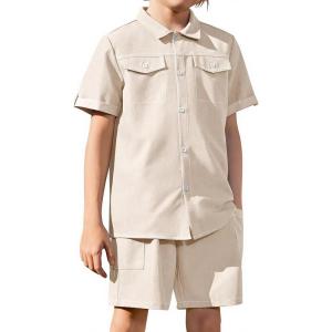 Arshiner Boys’ Woven Shorts Set Academic Style Button Down Shirt and Denim Shorts Outfits Casual yet Dressy Clothes(Beige)