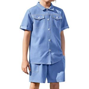 Arshiner Boys’ Woven Shorts Set Academic Style Button Down Shirt and Denim Shorts Outfits Casual yet Dressy Clothes(Blue)