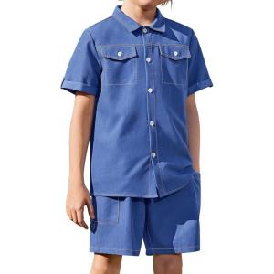 Arshiner Boys’ Woven Shorts Set Academic Style Button Down Shirt and Denim Shorts Outfits Casual yet Dressy Clothes(Dark Blue)