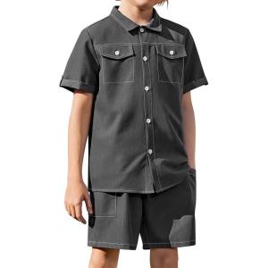 Arshiner Boys’ Woven Shorts Set Academic Style Button Down Shirt and Denim Shorts Outfits Casual yet Dressy Clothes(Dark Grey)