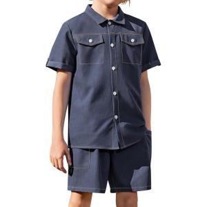 Arshiner Boys’ Woven Shorts Set Academic Style Button Down Shirt and Denim Shorts Outfits Casual yet Dressy Clothes(Navy Blue)