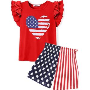 Arshiner Girls 2 Piece Outfits Summer Clothes Ruffle Short Sleeve Shirts Top and High Waist Paper Bag Shorts Set with Pockets(Red-4th of July)