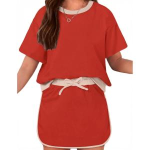 Arshiner Girls 2 Piece Outfits Summer Clothes Short Sleeve Drop Shoulder Shirt and Skirt with Built-in Shorts Athletic Sets(Red)