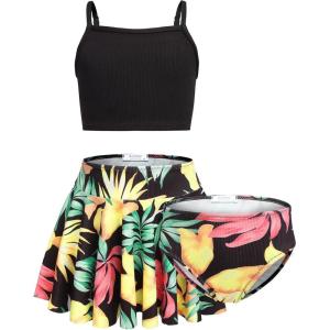 Arshiner Girls 3 Piece Swimsuit for Teen Girl Tankini Swimsuits Bathing Suit Beach Bikini Swimwear with Skirt(Black-hawaii)