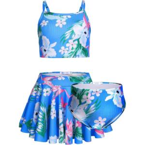 Arshiner Girls 3 Piece Swimsuit for Teen Girl Tankini Swimsuits Bathing Suit Beach Bikini Swimwear with Skirt(Blue)