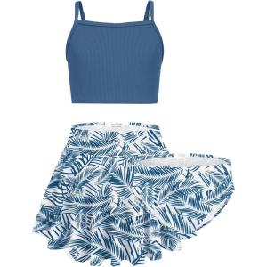 Arshiner Girls 3 Piece Swimsuit for Teen Girl Tankini Swimsuits Bathing Suit Beach Bikini Swimwear with Skirt(Grey Blue-floral)