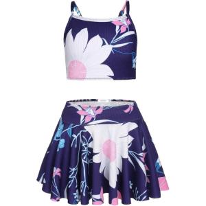 Arshiner Girls 3 Piece Swimsuit for Teen Girl Tankini Swimsuits Bathing Suit Beach Bikini Swimwear with Skirt(Navy Blue-floral 2)