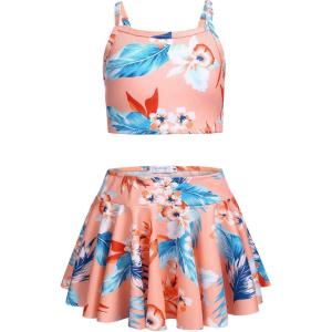 Arshiner Girls 3 Piece Swimsuit for Teen Girl Tankini Swimsuits Bathing Suit Beach Bikini Swimwear with Skirt(Orange)