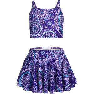 Arshiner Girls 3 Piece Swimsuit for Teen Girl Tankini Swimsuits Bathing Suit Beach Bikini Swimwear with Skirt(Purple)