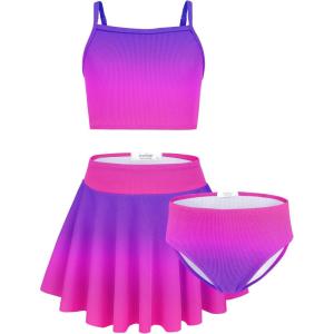 Arshiner Girls 3 Piece Swimsuit for Teen Girl Tankini Swimsuits Bathing Suit Beach Bikini Swimwear with Skirt(Purple Pink)