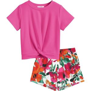 Arshiner Girls Clothing Sets Twist Front Top and Shorts 2 Piece Outfits Activewear Tracksuit 5-14 Year(Rose Red)