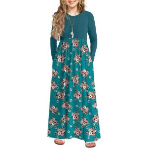 Arshiner Girls Maxi Dress Long/Short Sleeve Casual Holiday Dress with Pockets for 5-13 Years(Long Sleeve Blue Floral)
