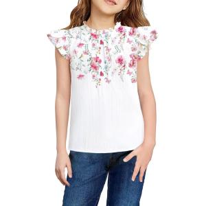 Arshiner Girls Ruffle Short Sleeve Shirts Cute Summer Frill Neck Pleated Textured Blouse Tops(Floral White)