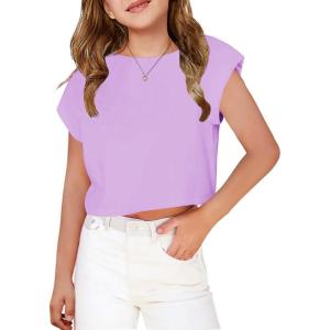 Arshiner Girls Shirt Crop Tops Short Sleeve Summer Drop Shoulder Batwing Sleeve Crewneck Loose T Shirt Tee(Purple)