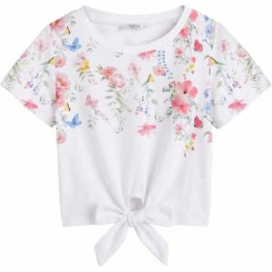 Arshiner Girls Short Sleeve Shirts Tie Knot Front Tops T Shirts for Kids Crewneck Cute Casual Tie Dye Tee Blouse(Flowers)