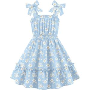 Arshiner Girls Summer Dress Bow-Tie Straps Sleeveless Flowy Ruffle Trim Boho Beach Casual Sundress(Mint Green Floral)