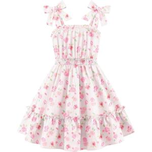 Arshiner Girls Summer Dress Bow-Tie Straps Sleeveless Flowy Ruffle Trim Boho Beach Casual Sundress(Pink Floral)