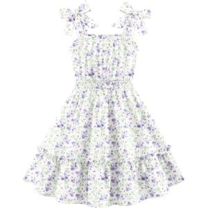 Arshiner Girls Summer Dress Bow-Tie Straps Sleeveless Flowy Ruffle Trim Boho Beach Casual Sundress(Purple Floral)