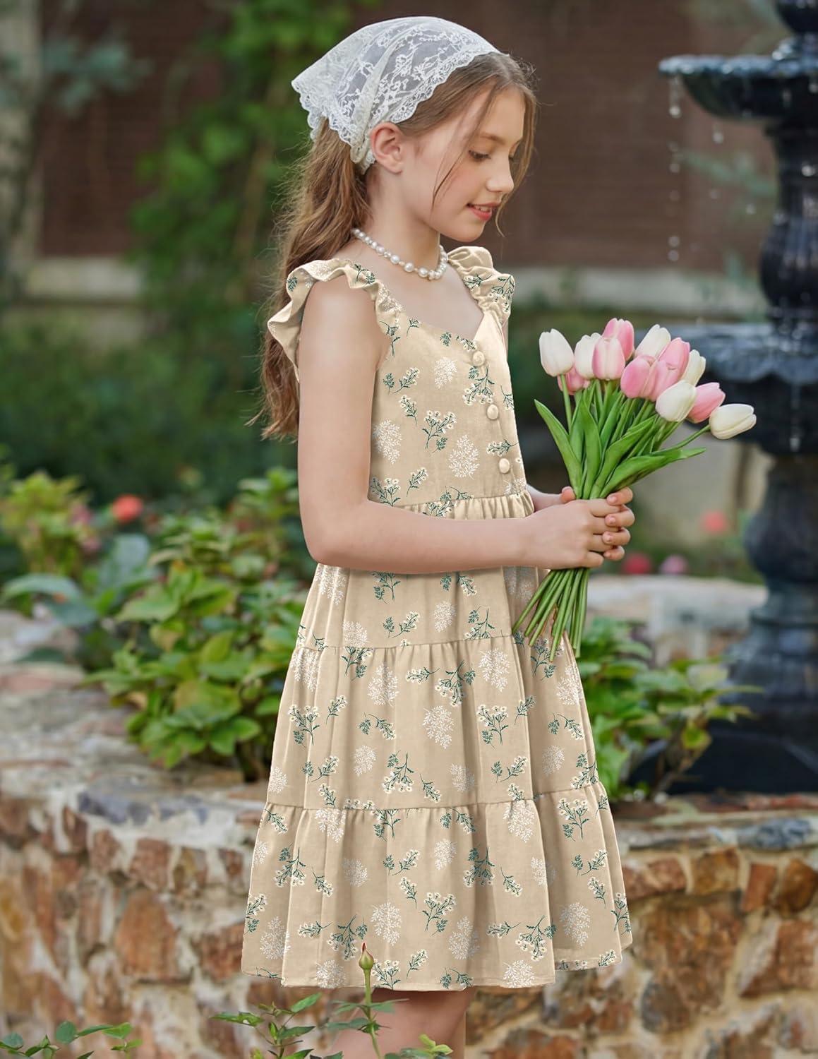image:imageArshiner Girls Dress Ruffle Sleeve Button Down Smocked Sundress Party Dresses with Pockets 614YApricot White Flower