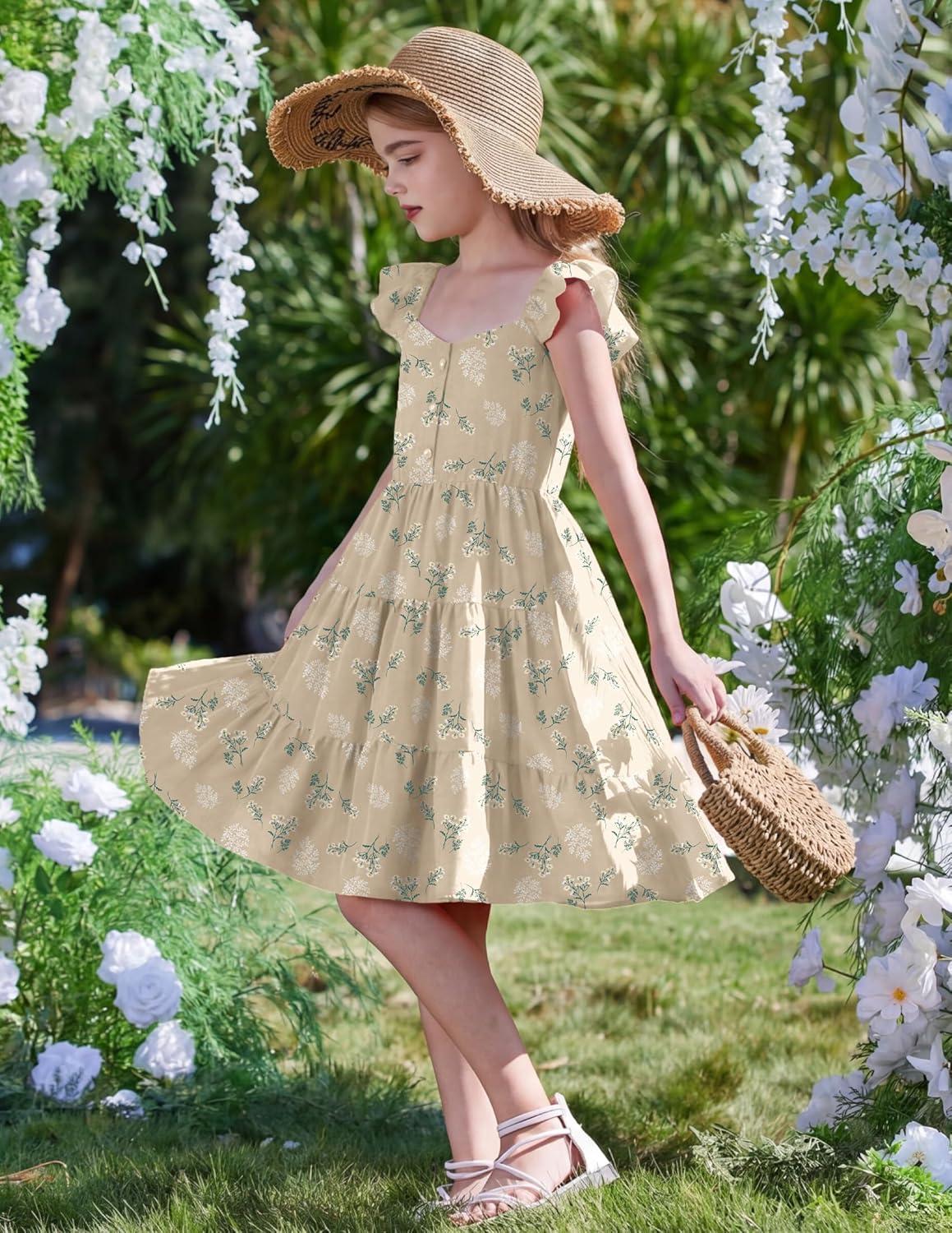 image:imageArshiner Girls Dress Ruffle Sleeve Button Down Smocked Sundress Party Dresses with Pockets 614YApricot White Flower
