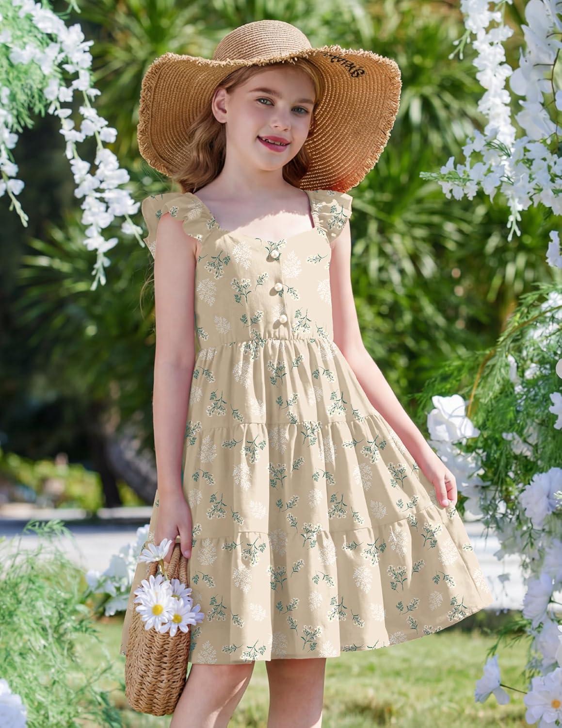 image:imageArshiner Girls Dress Ruffle Sleeve Button Down Smocked Sundress Party Dresses with Pockets 614YApricot White Flower