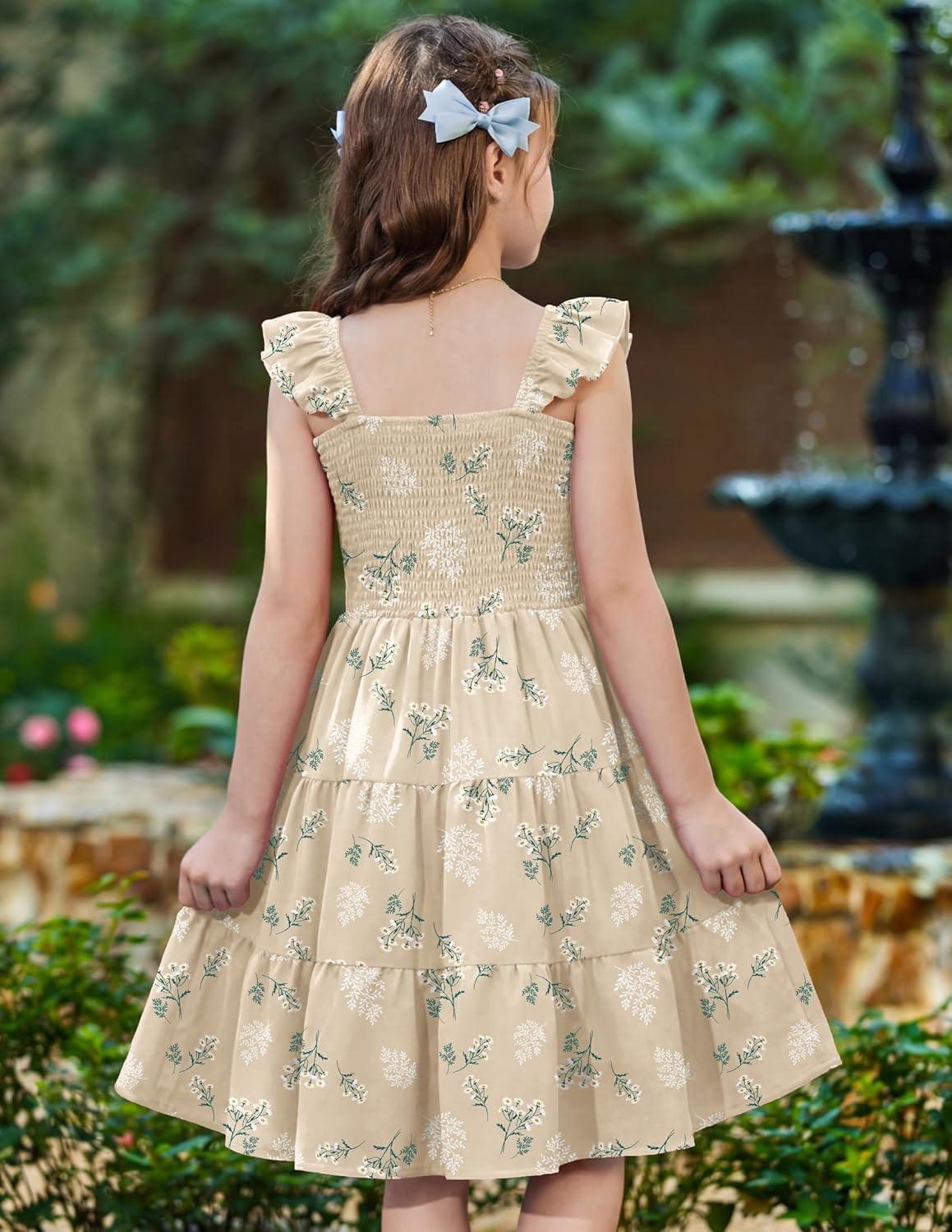 image:imageArshiner Girls Dress Ruffle Sleeve Button Down Smocked Sundress Party Dresses with Pockets 614YApricot White Flower