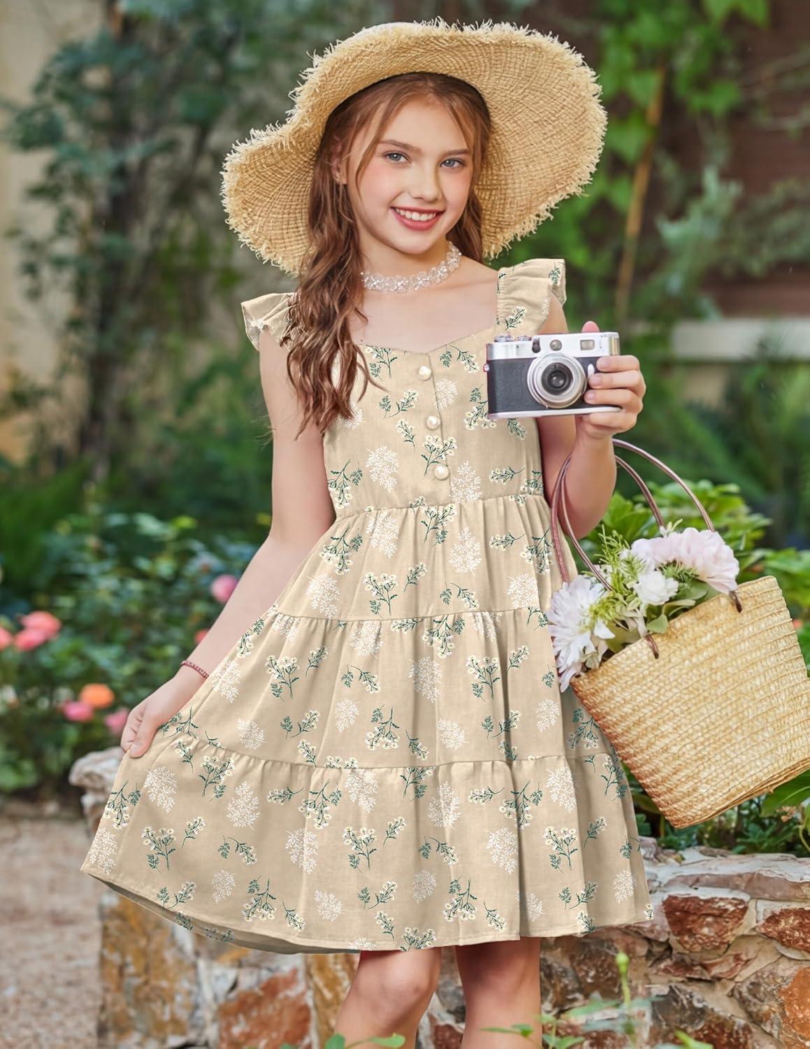 image:imageArshiner Girls Dress Ruffle Sleeve Button Down Smocked Sundress Party Dresses with Pockets 614YApricot White Flower