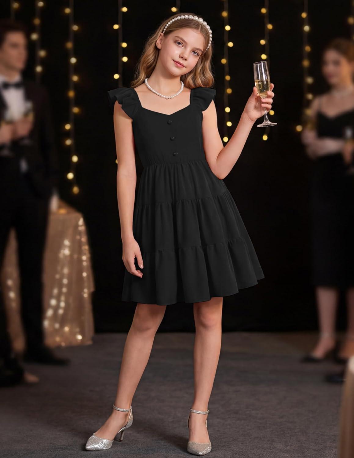 image:imageArshiner Girls Dress Ruffle Sleeve Button Down Smocked Sundress Party Dresses with Pockets 614YBlack