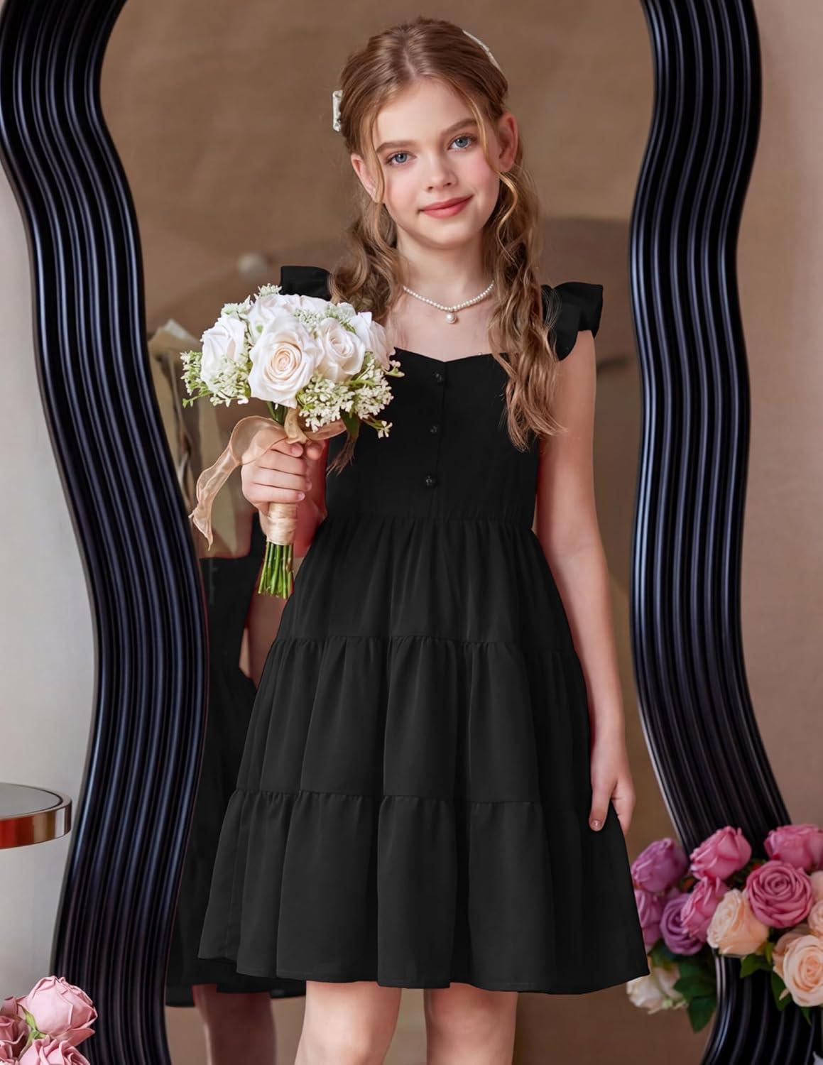 image:imageArshiner Girls Dress Ruffle Sleeve Button Down Smocked Sundress Party Dresses with Pockets 614YBlack