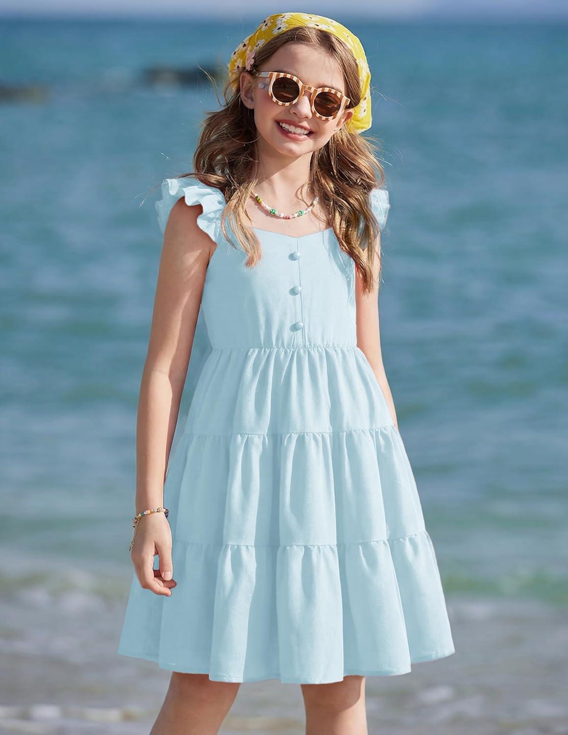 image:imageArshiner Girls Dress Ruffle Sleeve Button Down Smocked Sundress Party Dresses with Pockets 614YBlue